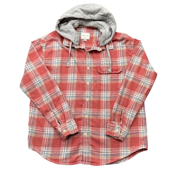American Eagle Outfitters Other - American Eagle Mens L‎ Plaid Flannel Shirt Shacket Removeable Hood Cabincore Red